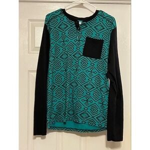 Men's Long Sleeve T Shirt / Aztec Shirt/ Size Large/ Teal and Black Shirt